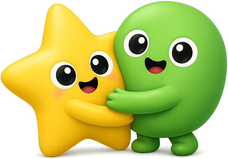 Marki hugging a smiling yellow star, celebrating together.